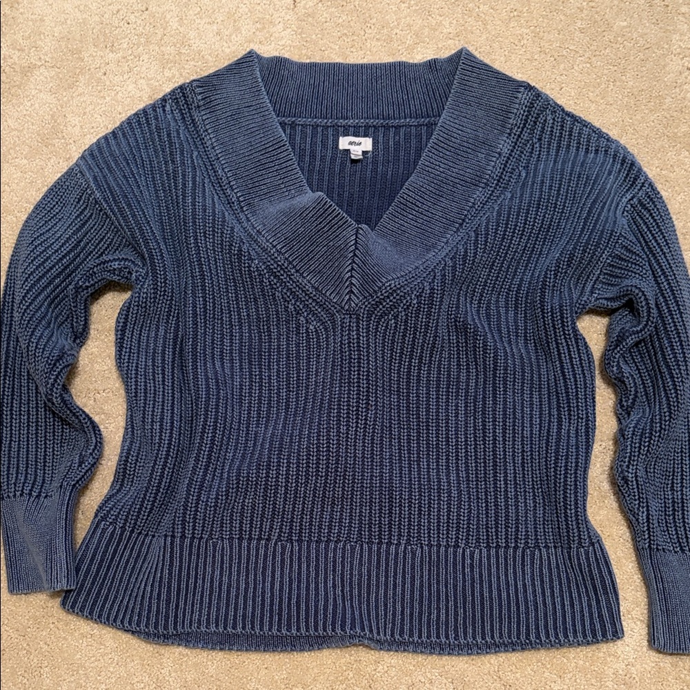 Aerie Stone-Washed Blue V-Neck Cotton Knit Sweater
